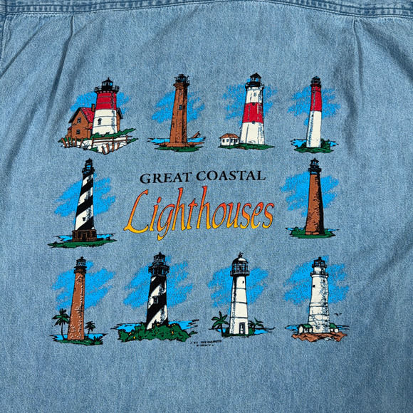 Vintage Lighthouses Shirt Adult MEDIUM Blue Chambray Jean Great Coastal 90s - Picture 4 of 11